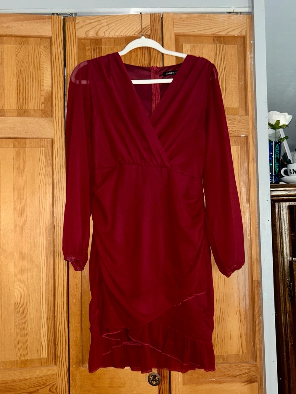 Long-Sleeve Burgundy V-Neck Dress